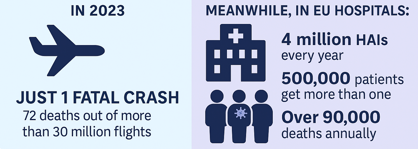 Comparison graphic showing one fatal aviation crash in 2023 with 72 deaths versus EU hospitals reporting around 4 million healthcare-associated infections annually and over 90,000 deaths.