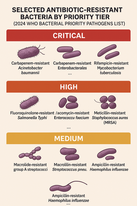 Infographic showing selected antibiotic-resistant bacteria from the 2024 WHO Bacterial Priority Pathogens List, grouped by priority tier. The Critical tier includes carbapenem-resistant Acinetobacter baumannii, carbapenem-resistant Enterobacterales, and rifampicin-resistant Mycobacterium tuberculosis. The High tier lists fluoroquinolone-resistant Salmonella Typhi, vancomycin-resistant Enterococcus faecium, and methicillin-resistant Staphylococcus aureus (MRSA). The Medium tier includes macrolide-resistant group A Streptococci, macrolide-resistant Streptococcus pneumoniae, and ampicillin-resistant Haemophilus influenzae.